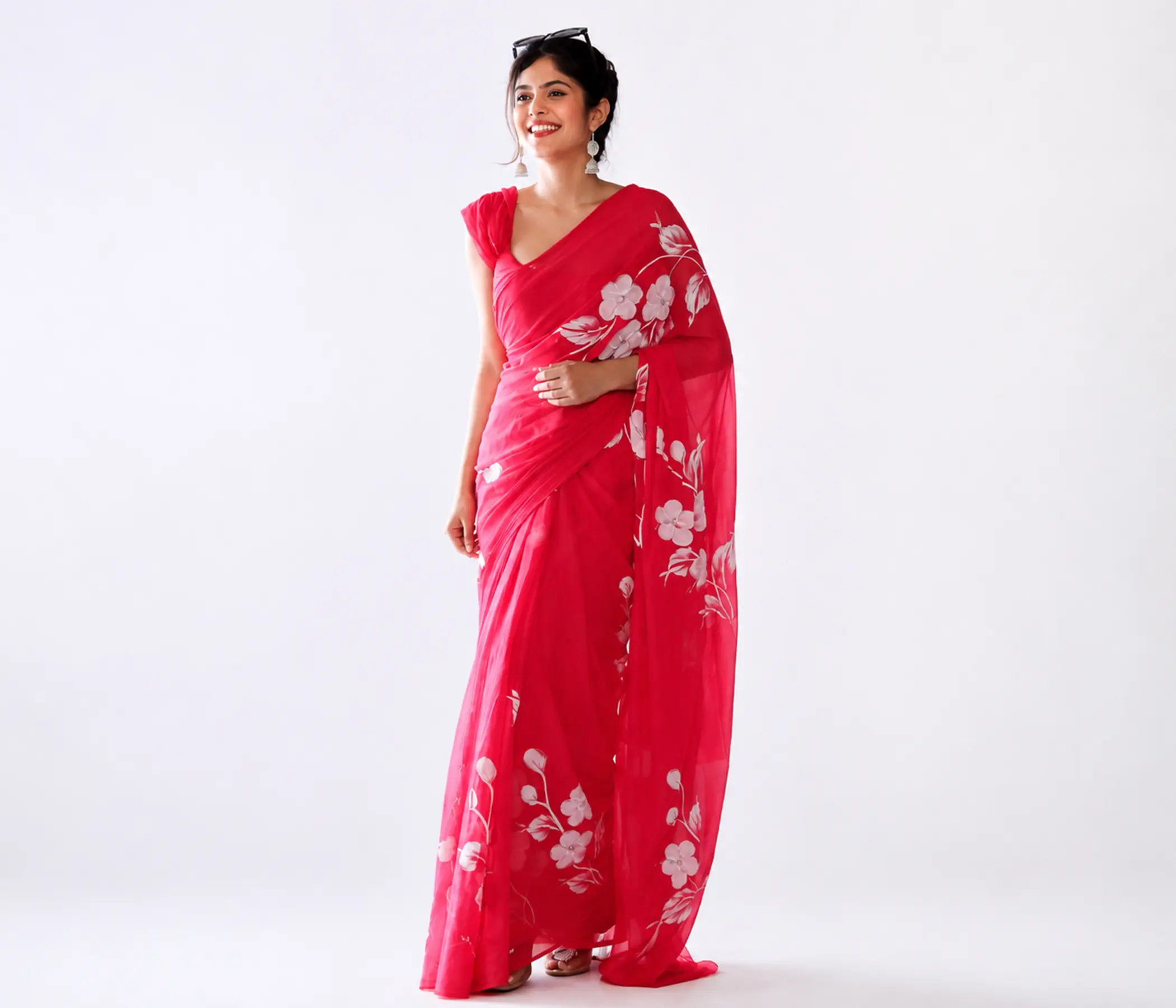 Hand-Painted Crimson Red Organza Saree with White Floral Artwork